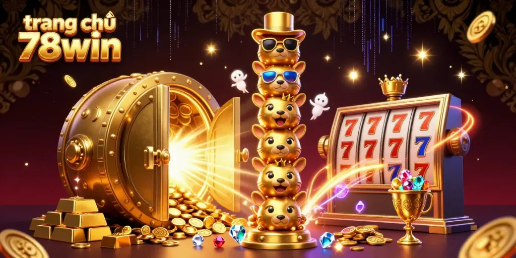 Join the excitement at trang chủ 78win with vibrant 3D totem and slot elements immersed in gold!