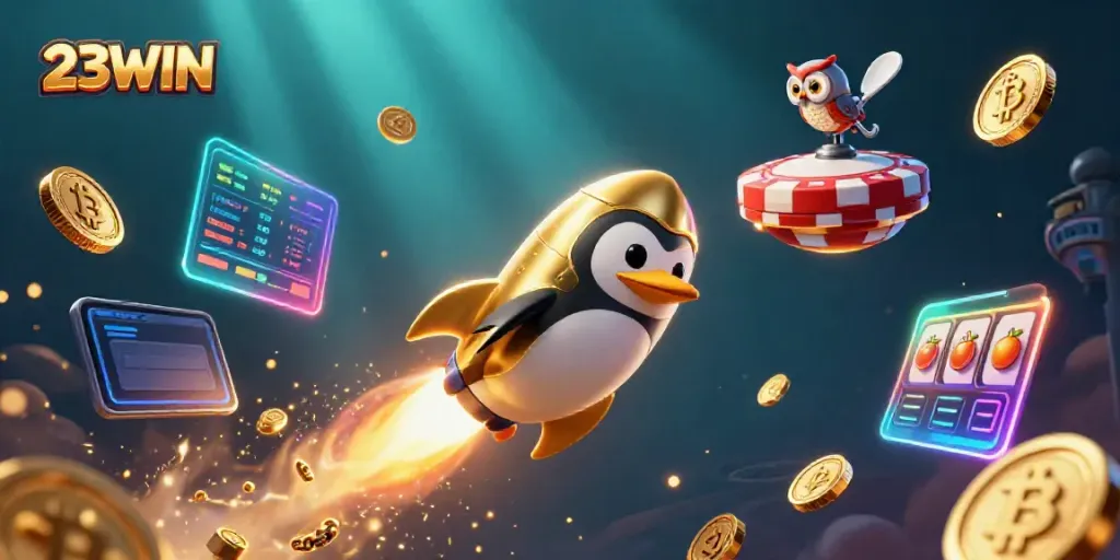 Experience thrilling fun with 23WIN as a golden penguin launches into a vibrant gambling universe.