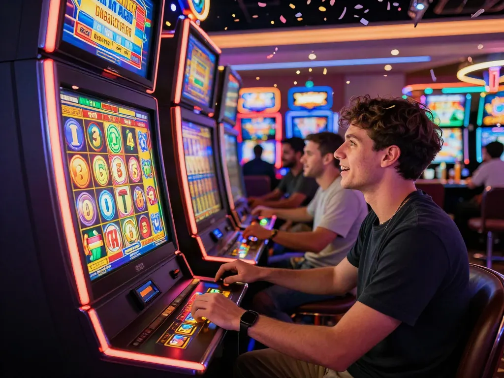 Exciting casino scene with a player enjoying slots not on Gamstop, celebrating a big win with colorful symbols and vibrant atmosphere.