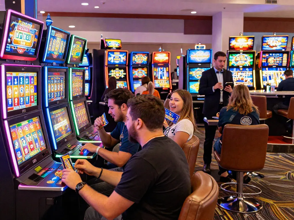 Exciting slots not on gamstop gaming scene with players at colorful slot machines.