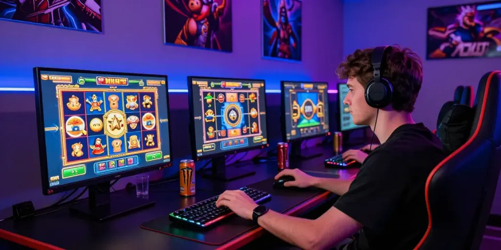 Engaging gaming setup showcasing slots not on GamStop with vibrant graphics and LED lights.