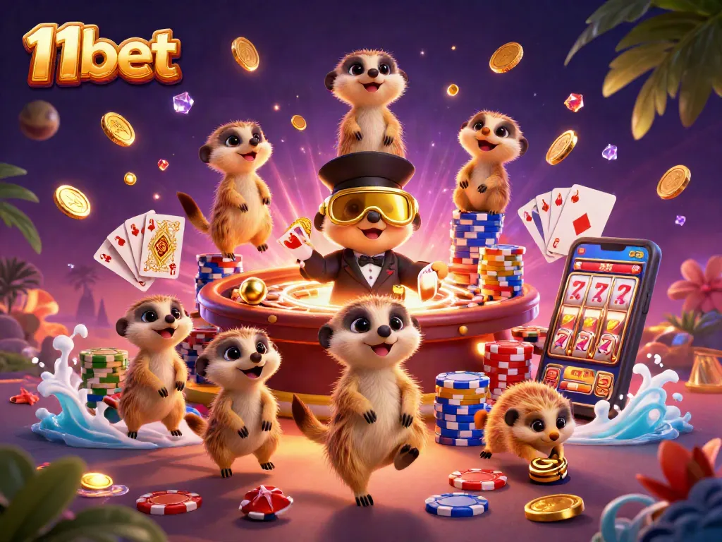 11bet meerkats engaging in a vibrant casino scene with chips and cards flying, showcasing casino action