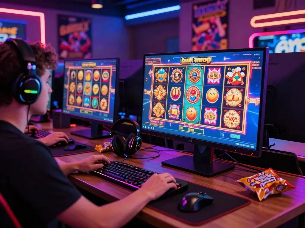 Player engaging with exciting slots not on Gamstop in a vibrant gaming room filled with neon lights and accessories.