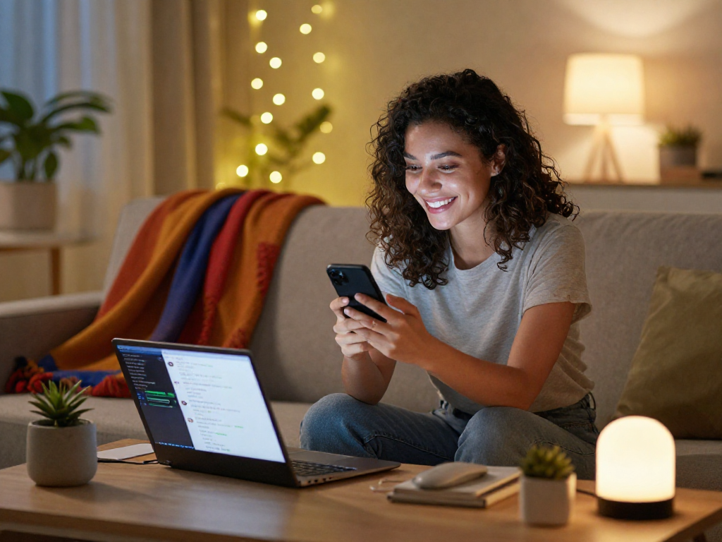 Engaging in nsfw ai chat in a cozy living room setting.