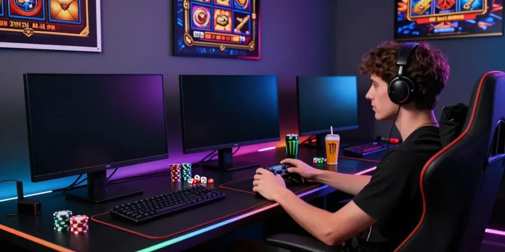 Engaging player enjoying slots not on GamStop on high-resolution screen in modern gaming setup.