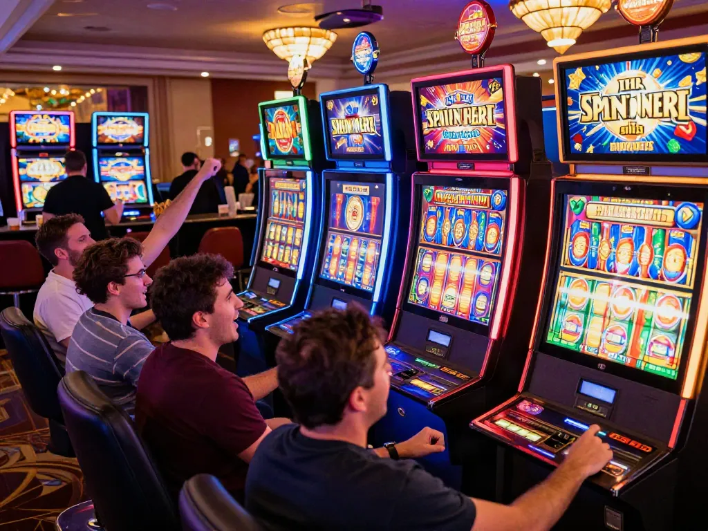 Players enjoying slots not on gamstop in an exciting casino environment with colorful machines.