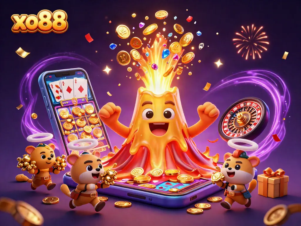Experience winning moments at xo88 with a vibrant illustration of a golden volcano erupting treasures in a dynamic casino scene.