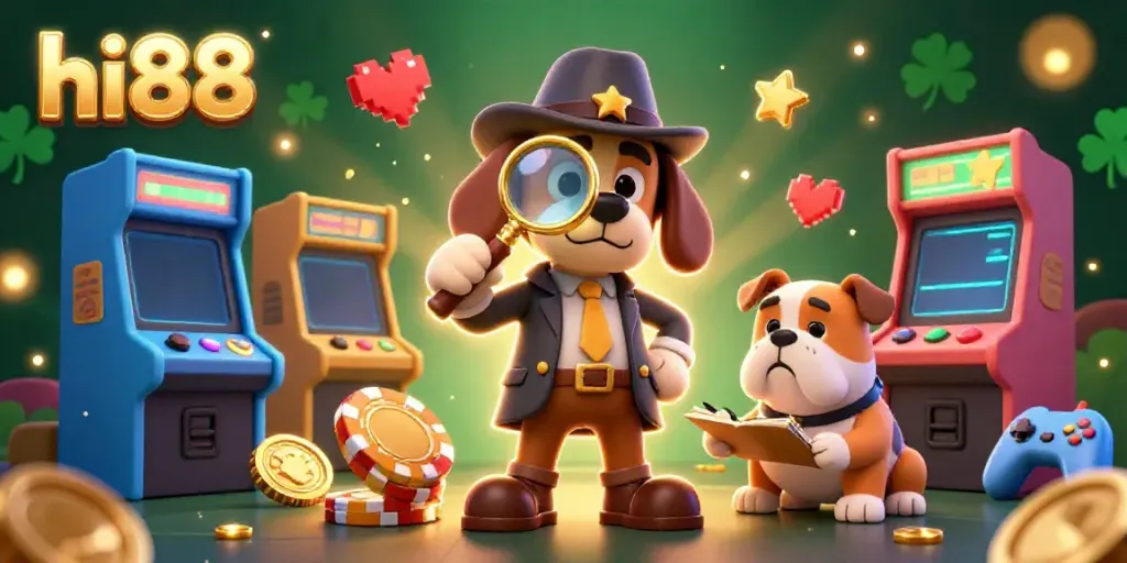 Join the investigation at hi88 with a cartoon detective and companion exploring exciting casino clues and gaming elements.