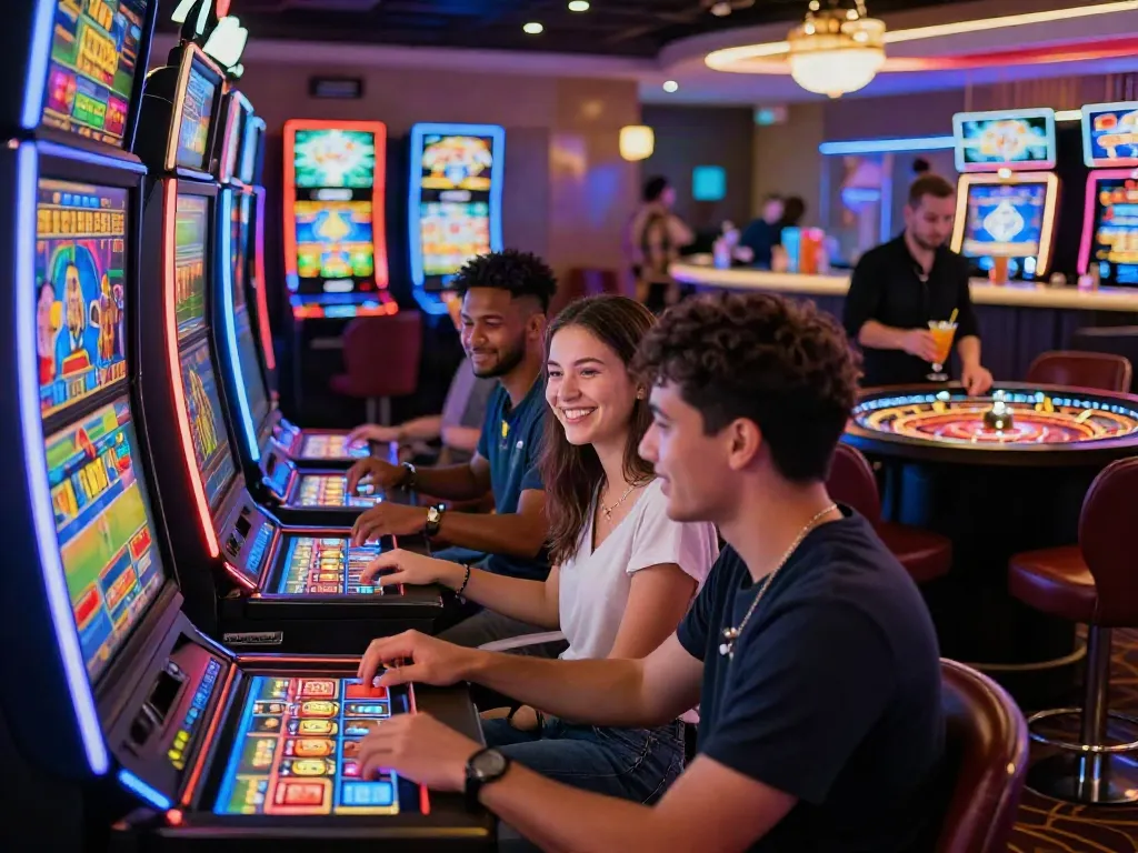 Exciting casino scene showcasing players enjoying slots not on GamStop amidst vibrant lights and game graphics.
