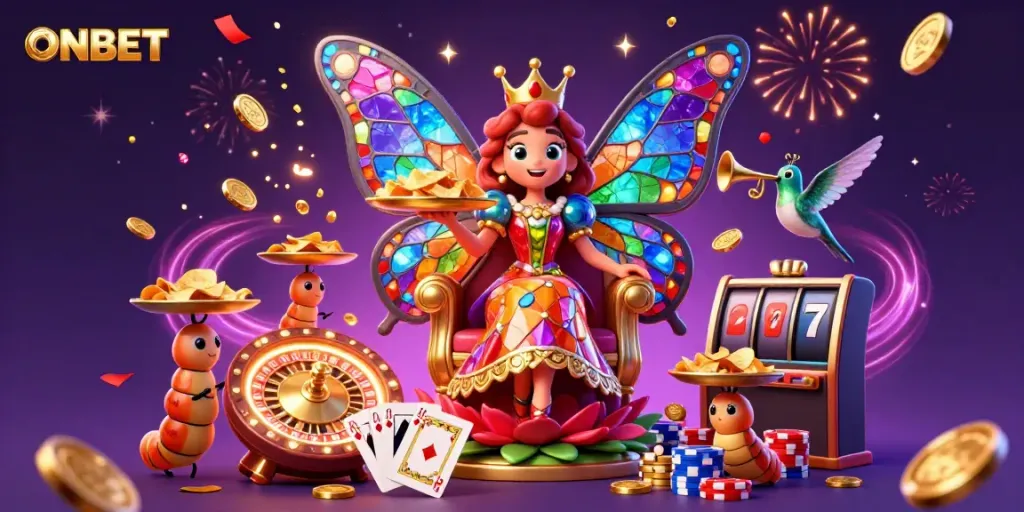 Experience the vibrant energy of ONBET with a 3D cartoon butterfly queen surrounded by casino elements and rich gaming visuals.