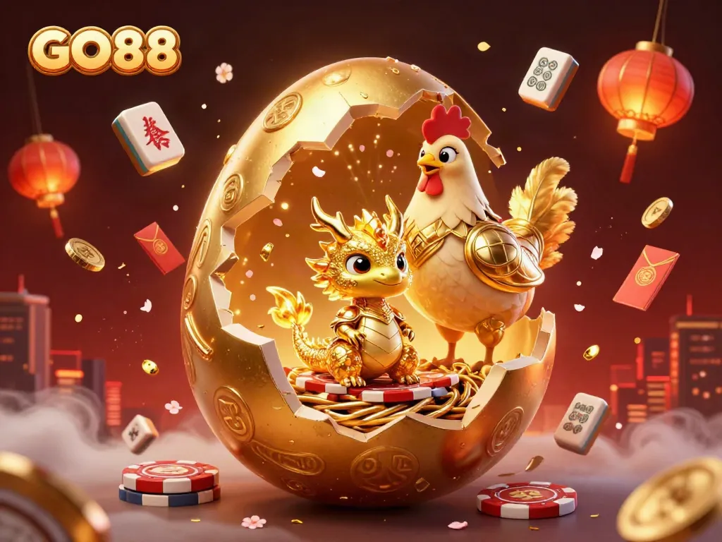 Engage in thrilling gameplay at GO88 with a golden dragon and poker chips illustration, celebrating wins.