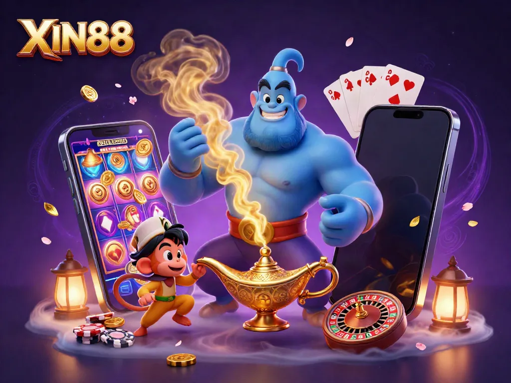 XIN88's vibrant casino scene featuring a genie and monkey amidst spinning slot games and poker chips.