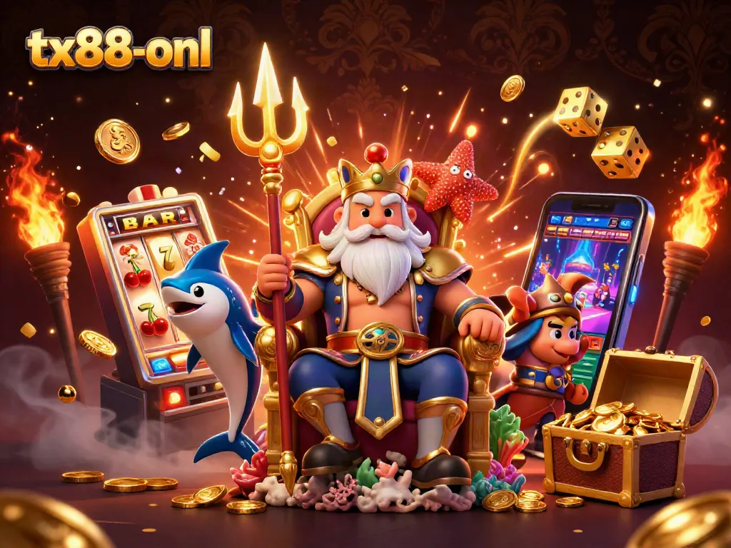 Experience the excitement of tx88-onl with sea king Neptune in a vibrant casino setting filled with jackpots and treasures.