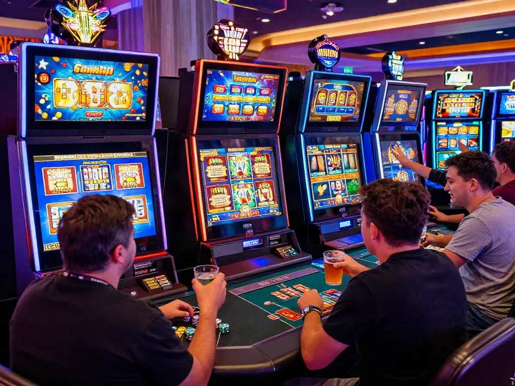 Players enjoying slots not on Gamstop in a lively casino atmosphere, celebrating wins.