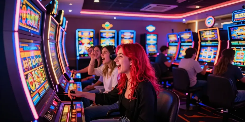 Exciting scene of players enjoying slots not on Gamstop in a vibrant casino atmosphere.