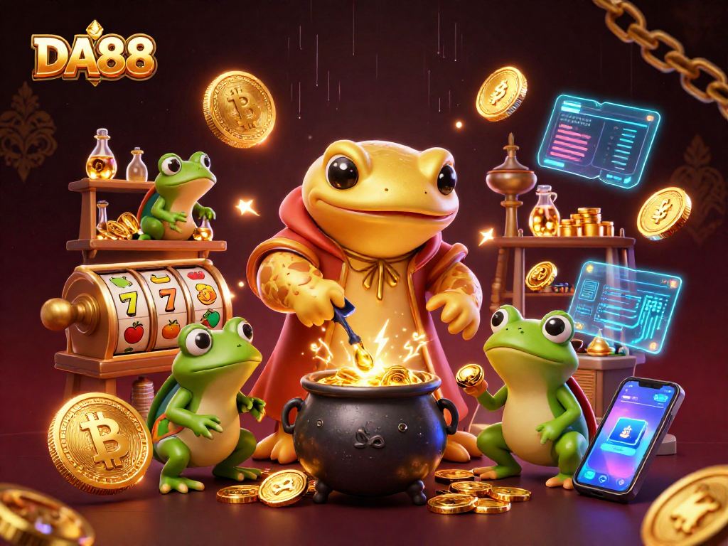 Win big at DA88 casino with gold coins and vibrant digital elements showcasing slot games and rewards.