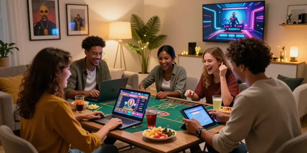 Friends enjoying slots not on Gamstop in a cozy living room