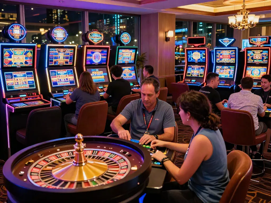 Exciting casino scene showcasing players at slots not on gamstop amidst vibrant lights and atmosphere.