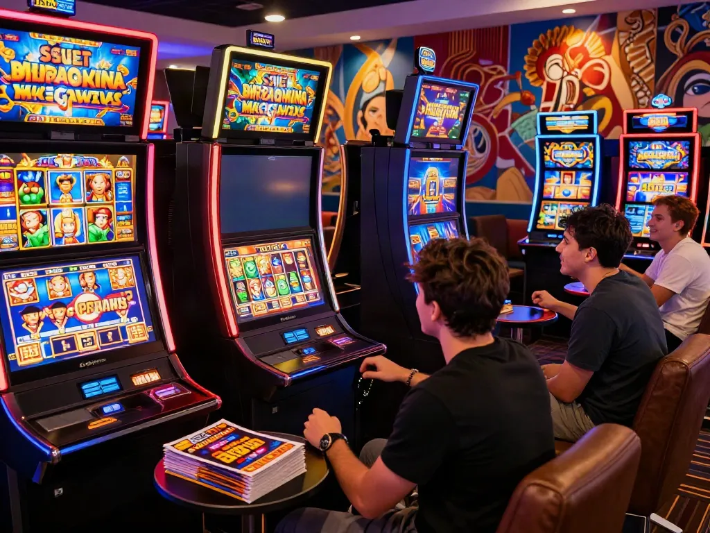 Friends enjoying slots not on gamstop in a vibrant casino lounge, showcasing excitement and colorful slot machines.