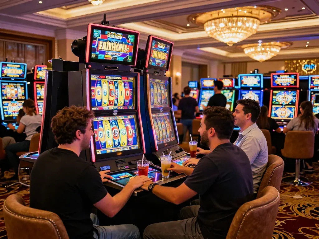 Exciting casino scene featuring players at vibrant slots not on gamstop with colorful graphics and lively atmosphere.
