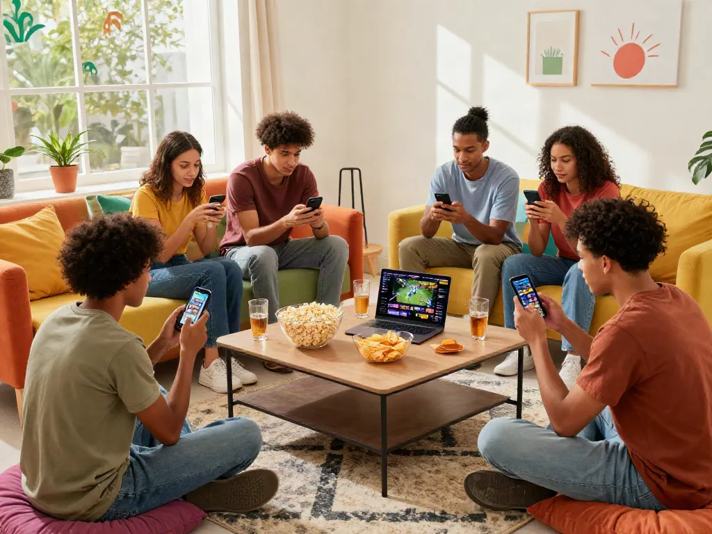 Friends enjoying slots not on Gamstop in a colorful living room setting.