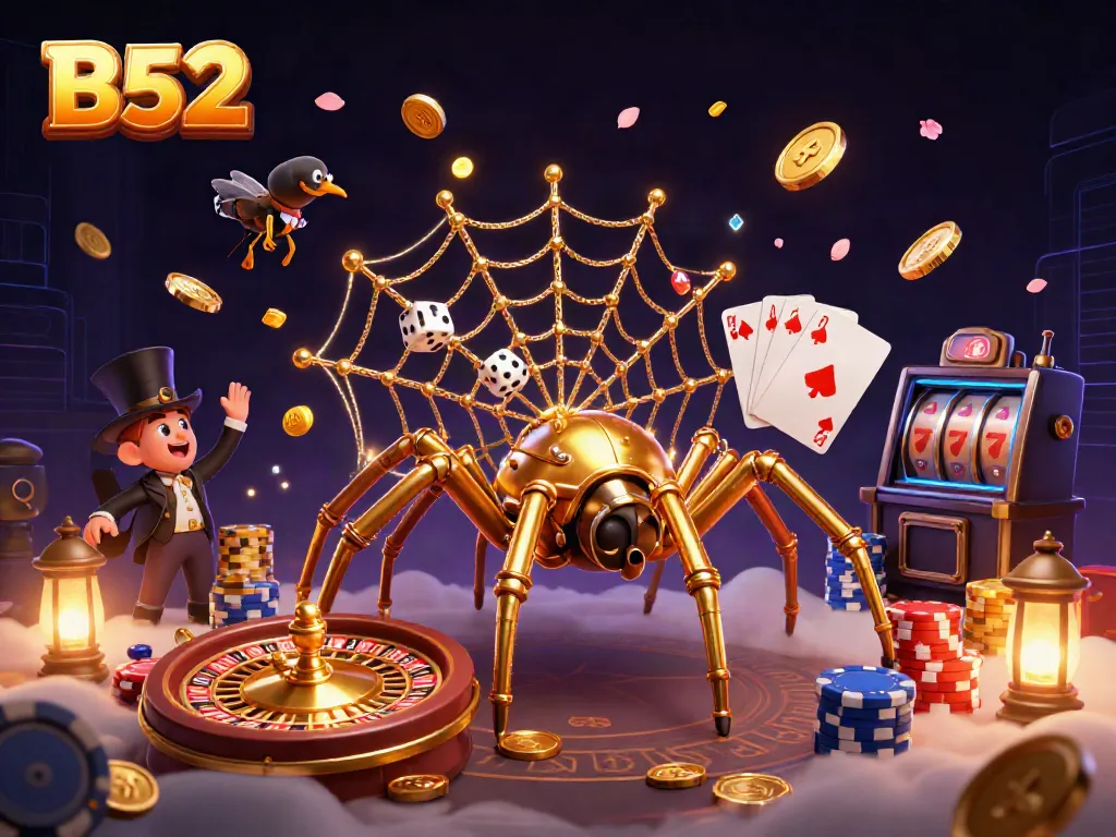 B52 captivates players with an engaging steampunk spider-themed illustration in a casino context.