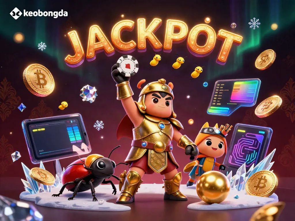Engaging keobongda scene featuring a heroic beetle celebrating a big win with poker chips and crypto coins.