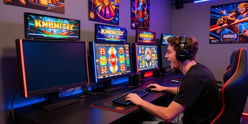 Player enjoying slots not on Gamstop in a vibrant gaming setup with animated screens.