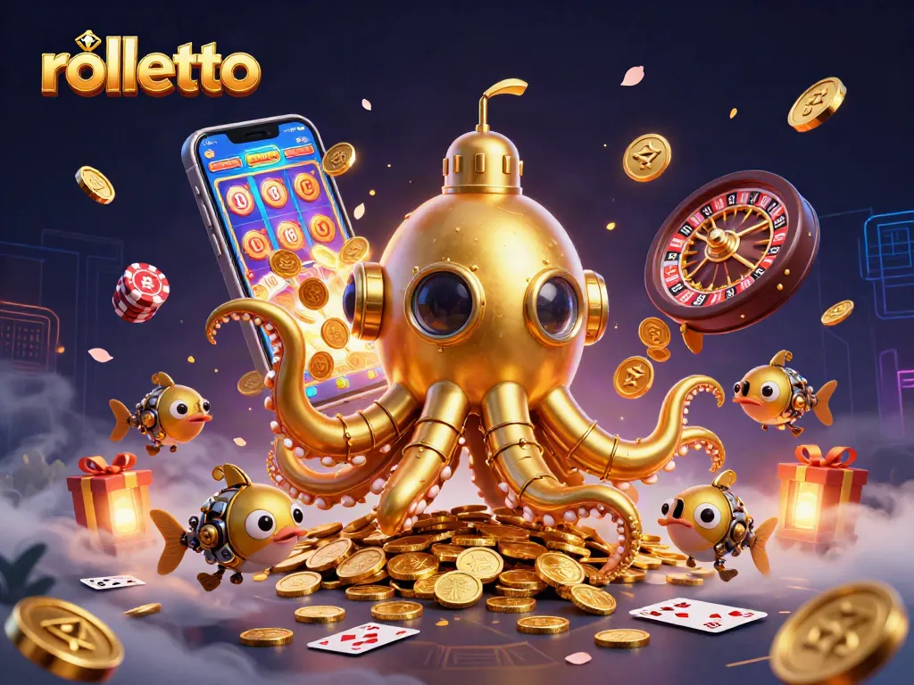Experience thrilling games at Rolletto Casino, featuring a golden kraken submarine surrounded by vibrant slot action.