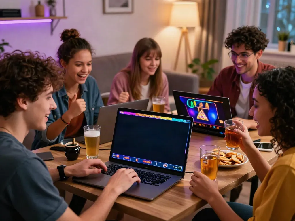 Friends celebrating while playing slots not on gamstop at home.