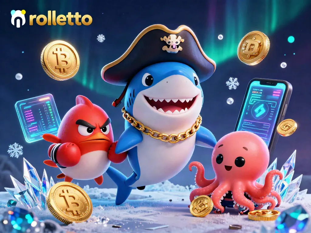 Experience rolletto's excitement with a cartoon pirate shark and friends amid glowing crypto elements!