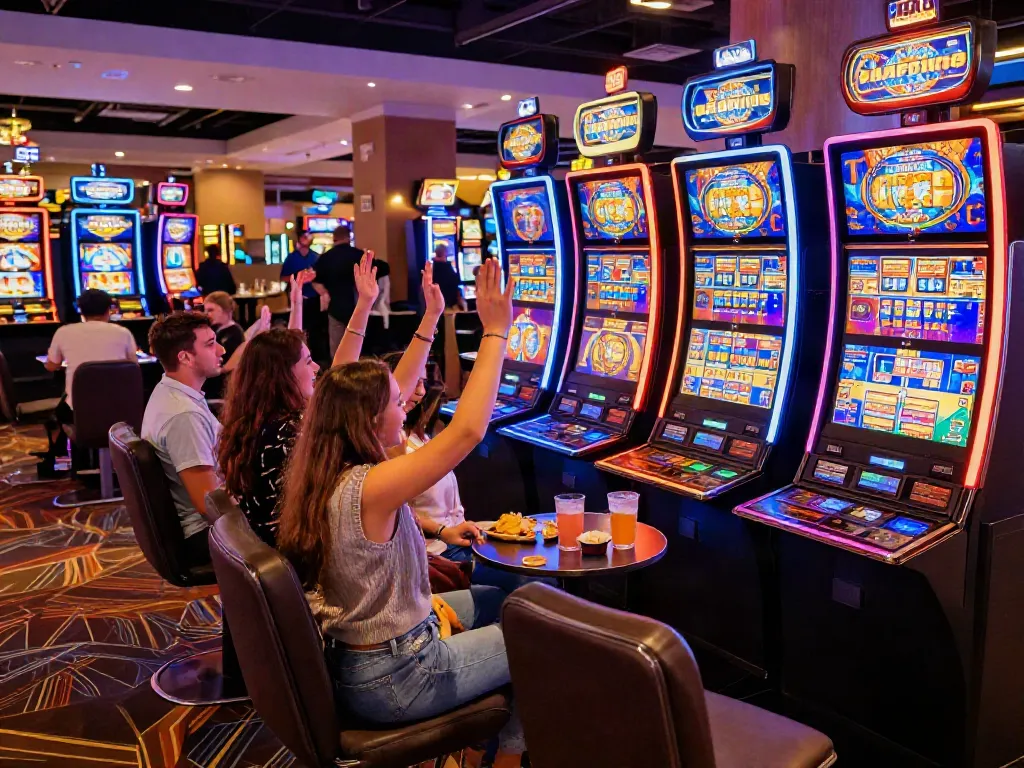 Excited players celebrating wins at vibrant slots not on Gamstop in a lively casino atmosphere.