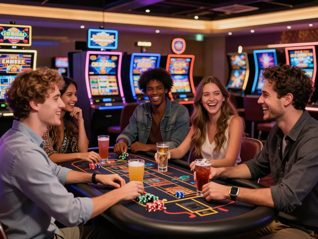 Friends enjoying slots not on Gamstop in a vibrant casino setting.