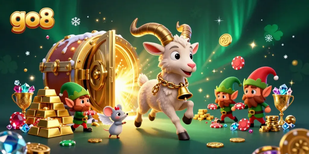 Join the fun at go8 with a lively 3D illustration of a Krampus goat managing a casino while elf gremlins steal poker chips.