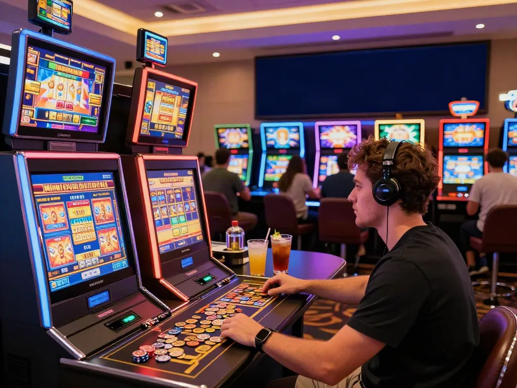 Exciting slots not on gamstop gaming scene with vibrant machines and lively atmosphere.