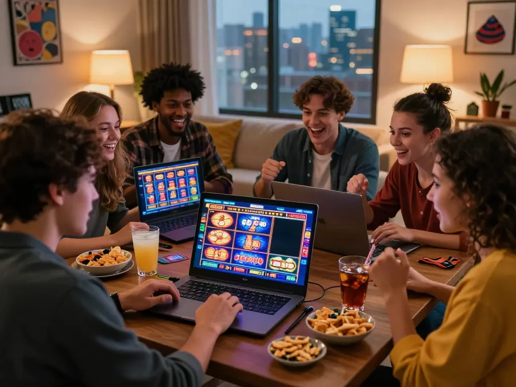Friends exploring slots not on Gamstop in a lively home setting, enjoying a cozy casino night.
