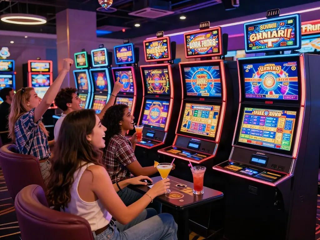 Group of friends enjoying slots not on Gamstop in a vibrant casino.