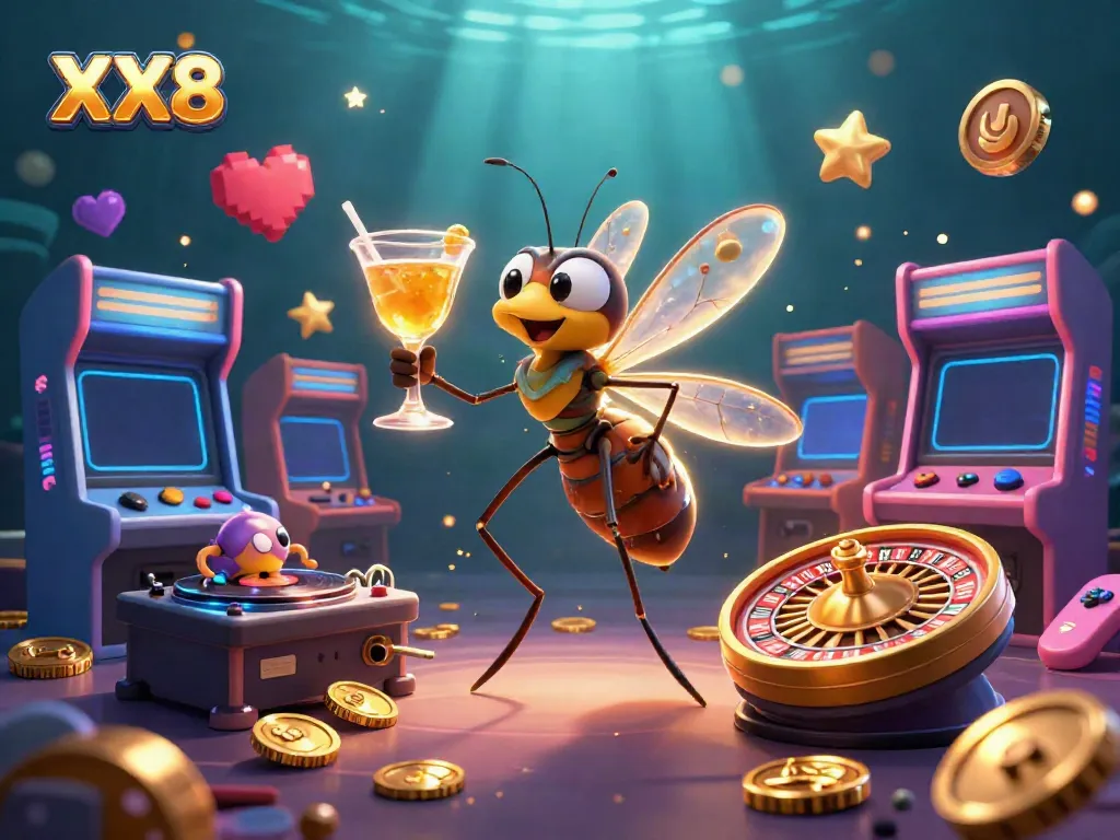 Experience the vibrant excitement of XX8 with a 3D illustrated casino scene featuring dynamic characters and game elements.