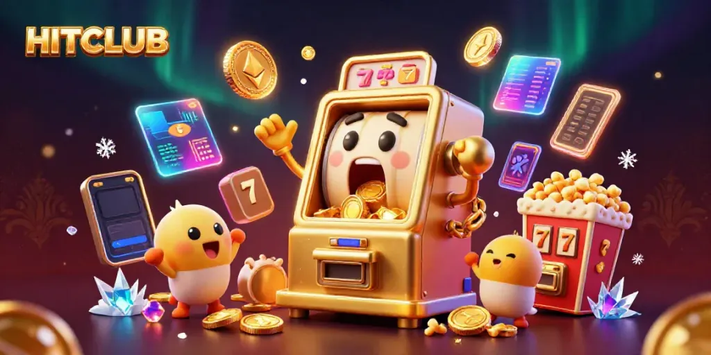 Hitclub's golden slot machine hits jackpot, spilling coins in a vibrant casino scene.