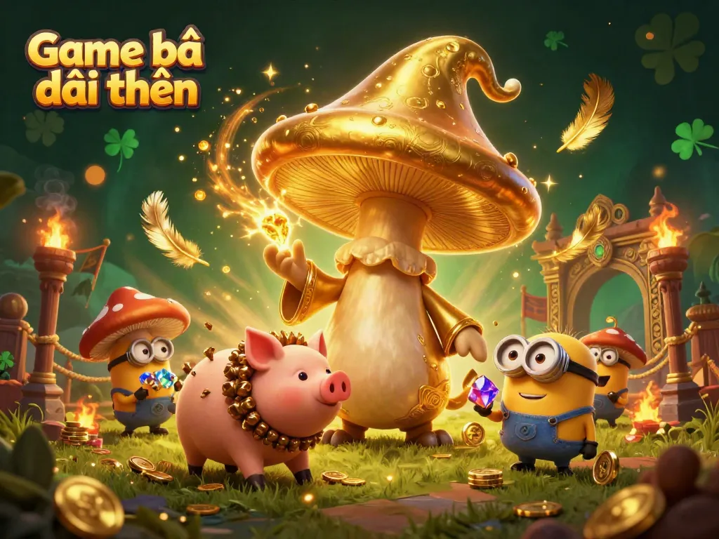 Engage in Game bài đổi thưởng with golden magic, treasure, and lively characters.