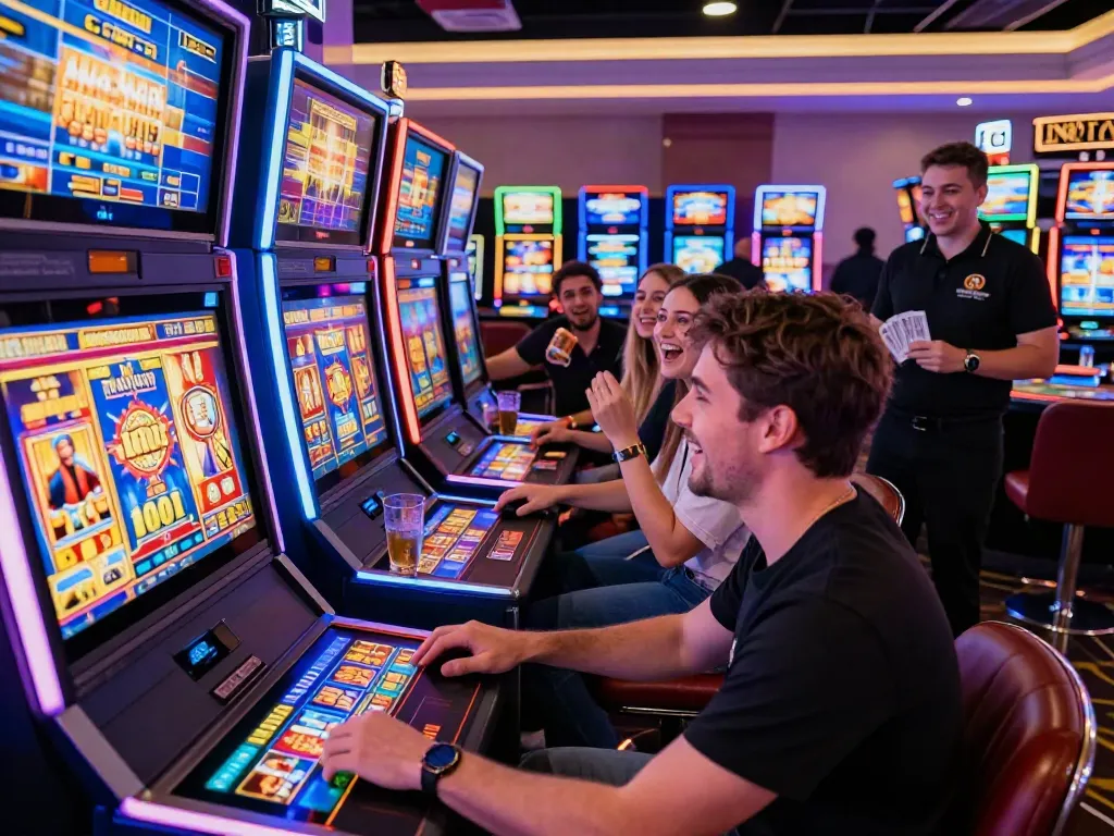 Engaging player at slots not on Gamstop in a vibrant casino setting.