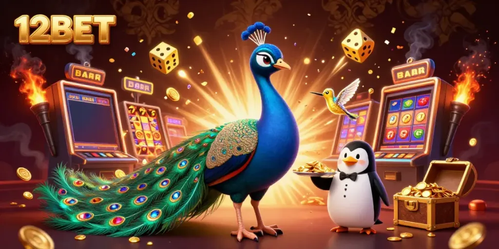 Engaging 3D scene highlighting the playful interaction of a peacock, penguin, and hummingbird celebrating 12BET’s casino excitement.