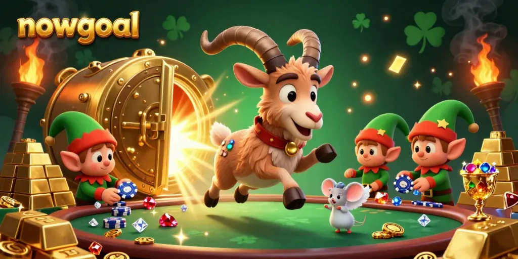 Engage in thrilling bets at nowgoal’s vibrant casino featuring a spooky holiday Krampus goat and mischievous gremlins stealing chips.