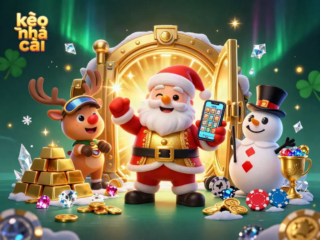 Experience excitement in kèo nhà cái with Santa and friends surrounded by riches and gaming symbols.