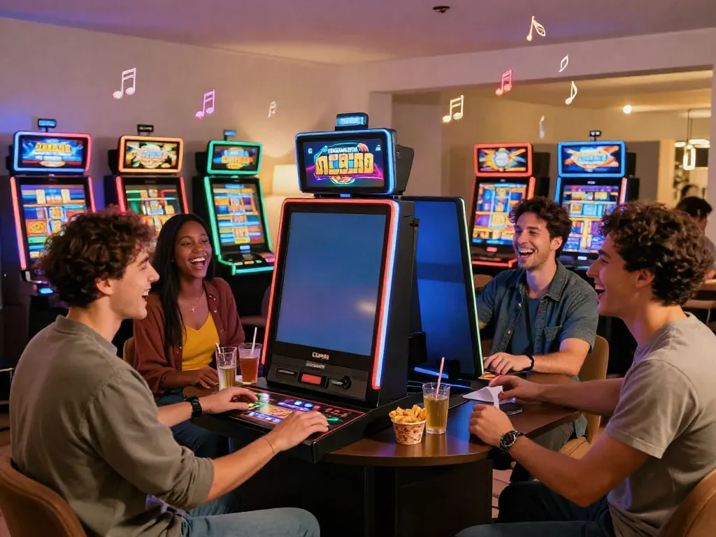 Friends enjoying an exciting gaming night with slots not on GamStop in a vibrant online casino setting.