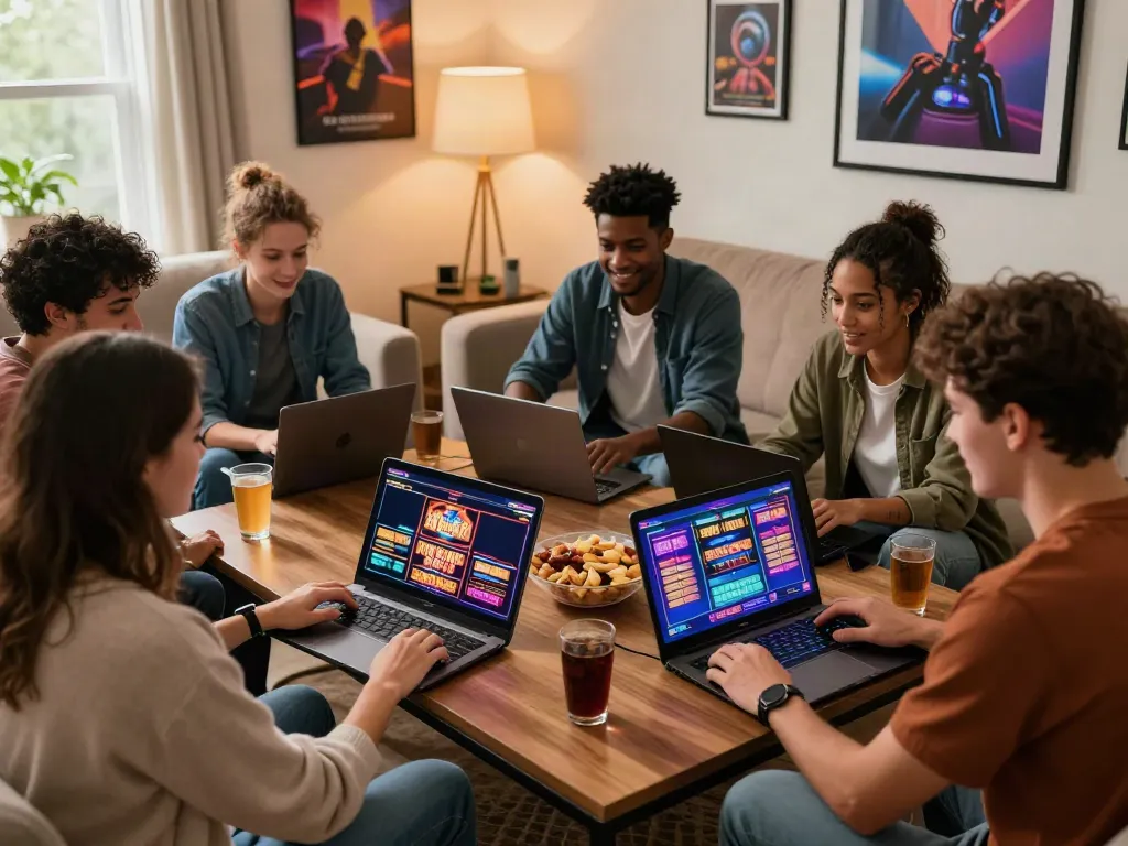 Friends enjoying slots not on GamStop in a cozy living room.