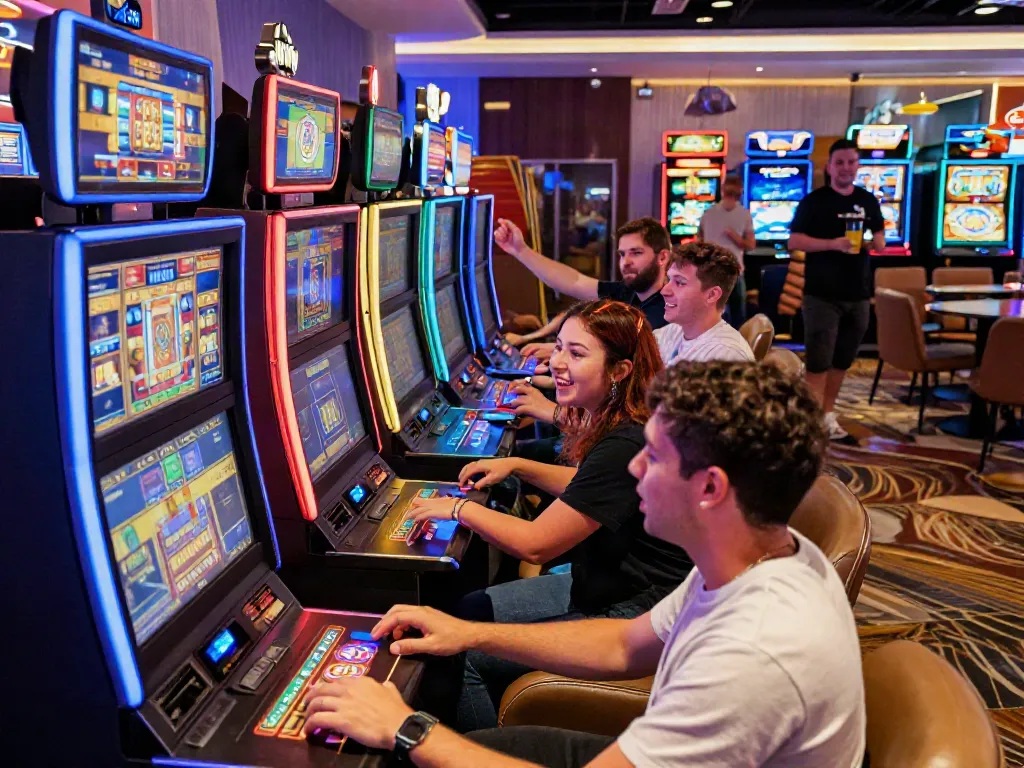 Players enjoying slots not on gamstop in a lively casino environment with colorful machines.