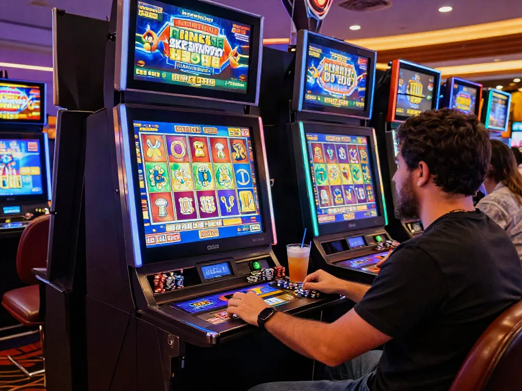 Player enjoying slots not on Gamstop in a lively casino setting with colorful slot machine graphics.
