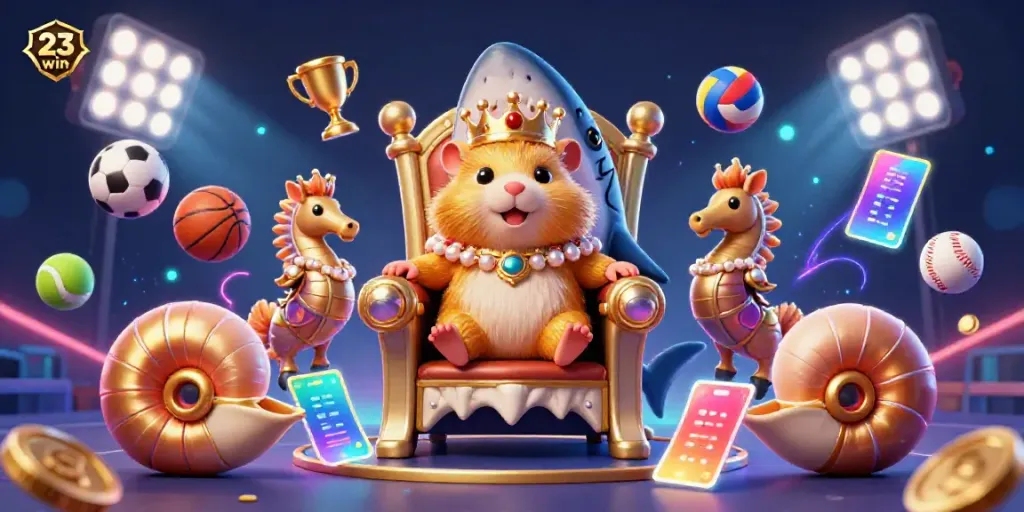 Engage in exciting sports betting at 23 win with a vivid 3D hamster king surrounded by dynamic game elements.