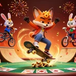 Engaging 3D scene showing OK365, featuring a skateboarder fox and BMX rabbit in a vibrant casino atmosphere.